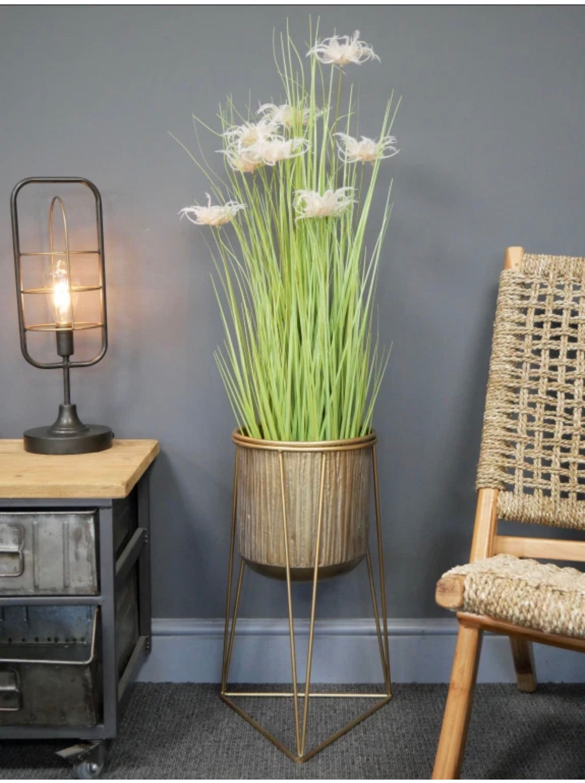 Large Metal Gold Ribbed House Plant Flower Pot Display Tall Planter Stand Holder