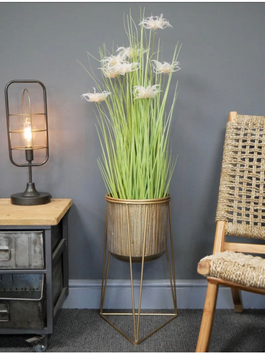 Large Metal Gold Ribbed House Plant Flower Pot Display Tall Planter Stand Holder
