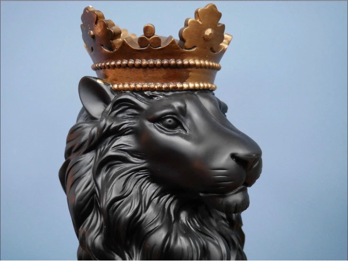New Stunning Black Lion with Kings Crown, Black Lion Ornament with Crown