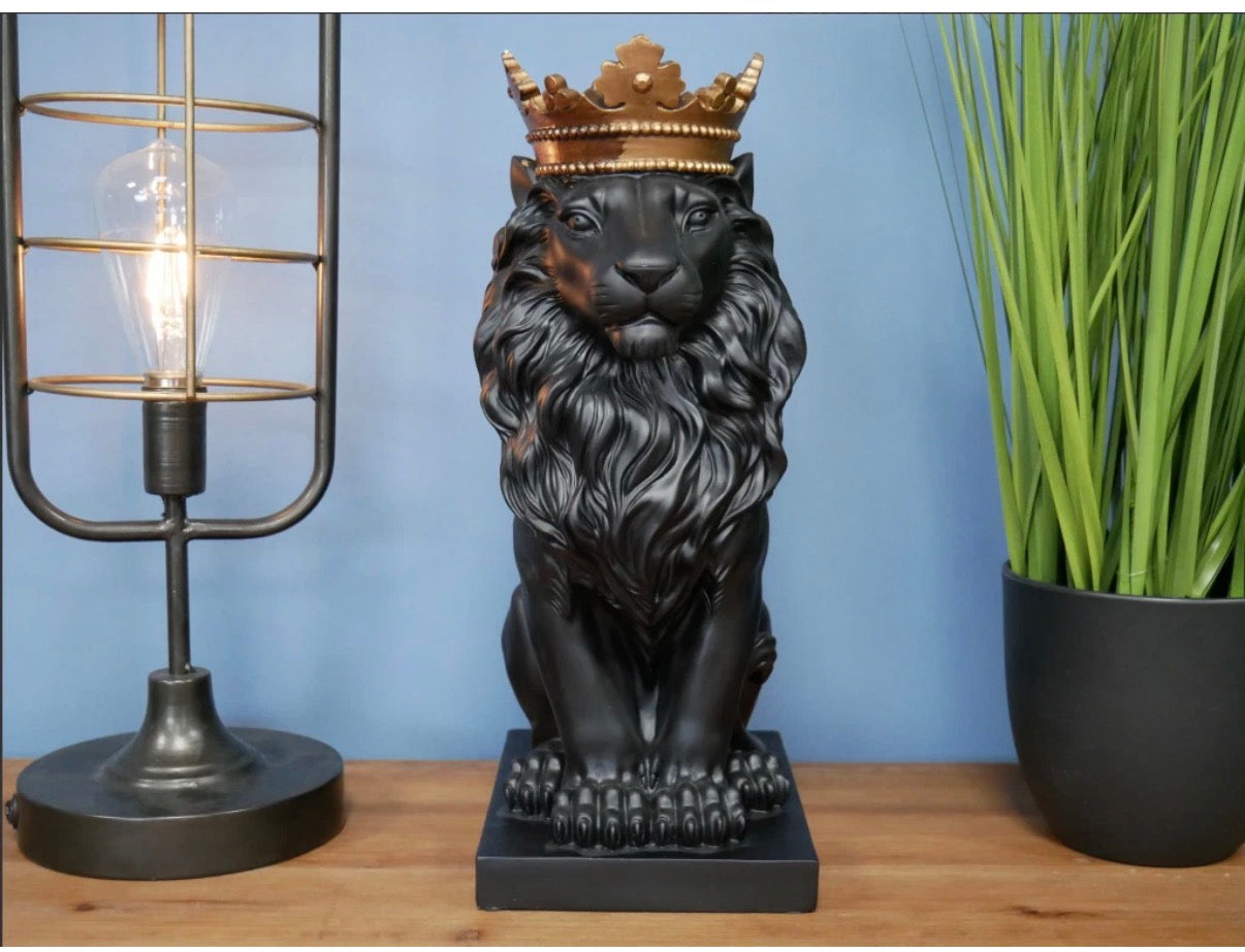 New Stunning Black Lion with Kings Crown, Black Lion Ornament with Crown