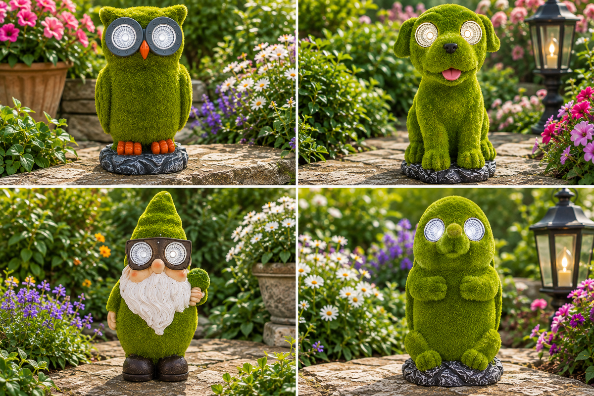 Flocked Gnome with Solar eyes Ornament Indoor Outdoor Patio Gnomes