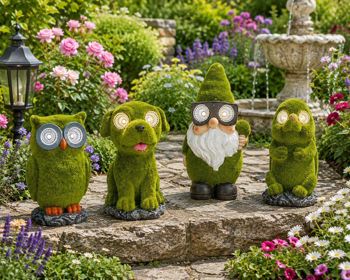 Flocked Gnome with Solar eyes Ornament Indoor Outdoor Patio Gnomes
