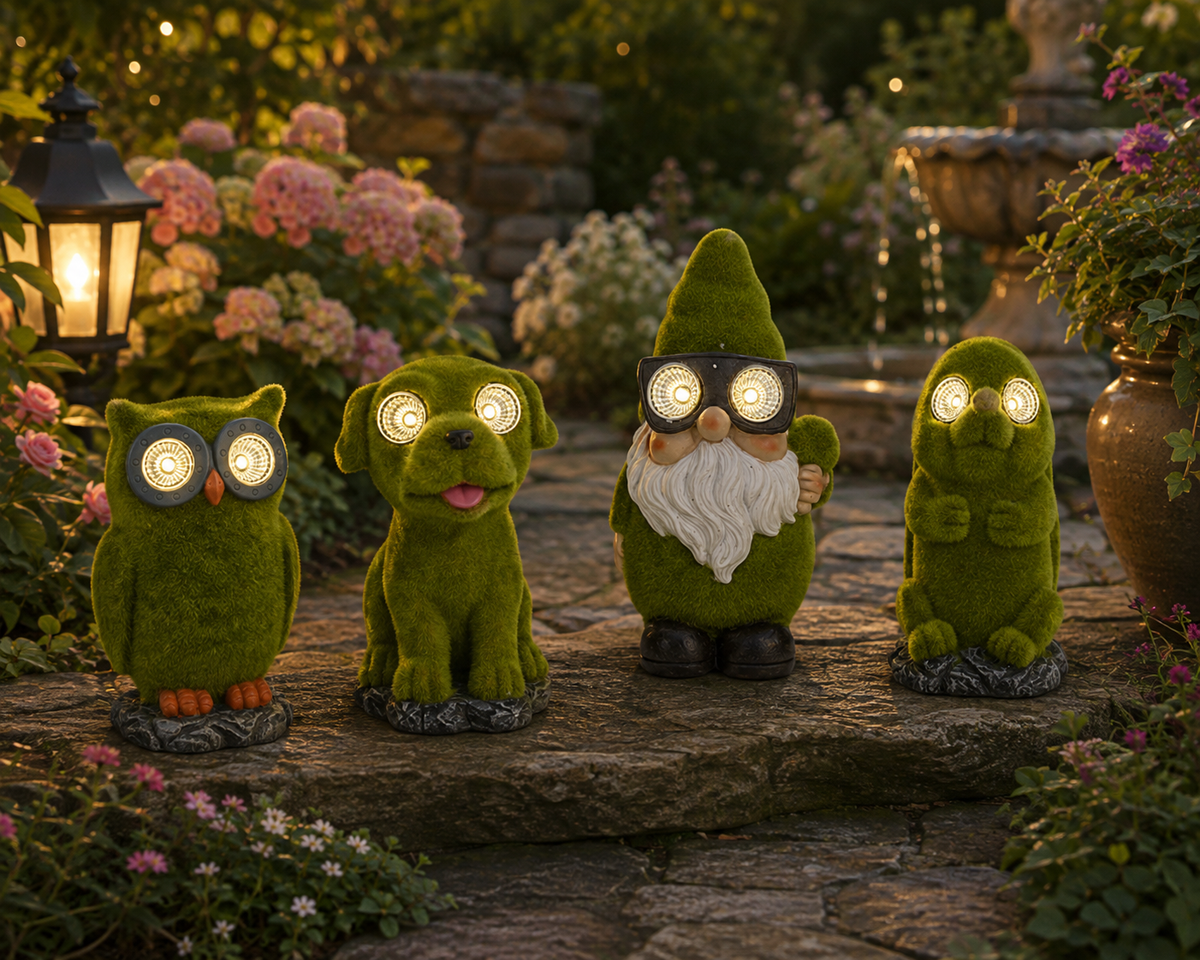 Flocked Gnome with Solar eyes Ornament Indoor Outdoor Patio Gnomes