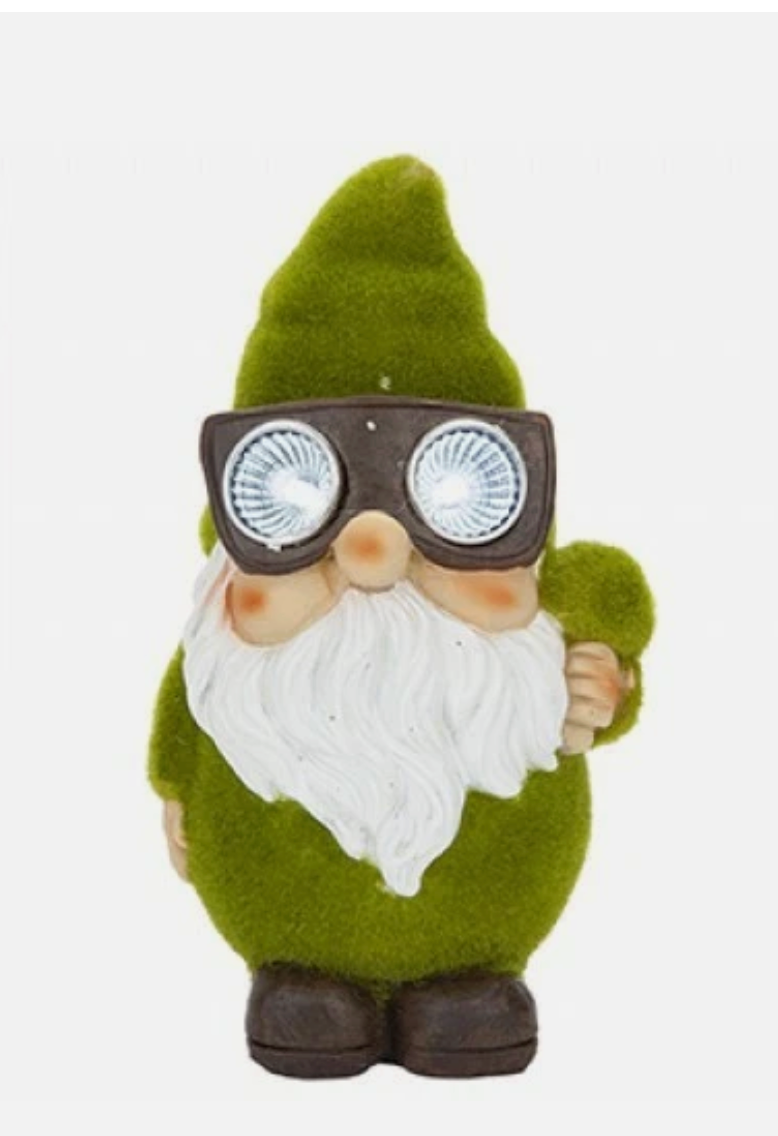Flocked Gnome with Solar eyes Ornament Indoor Outdoor Patio Gnomes