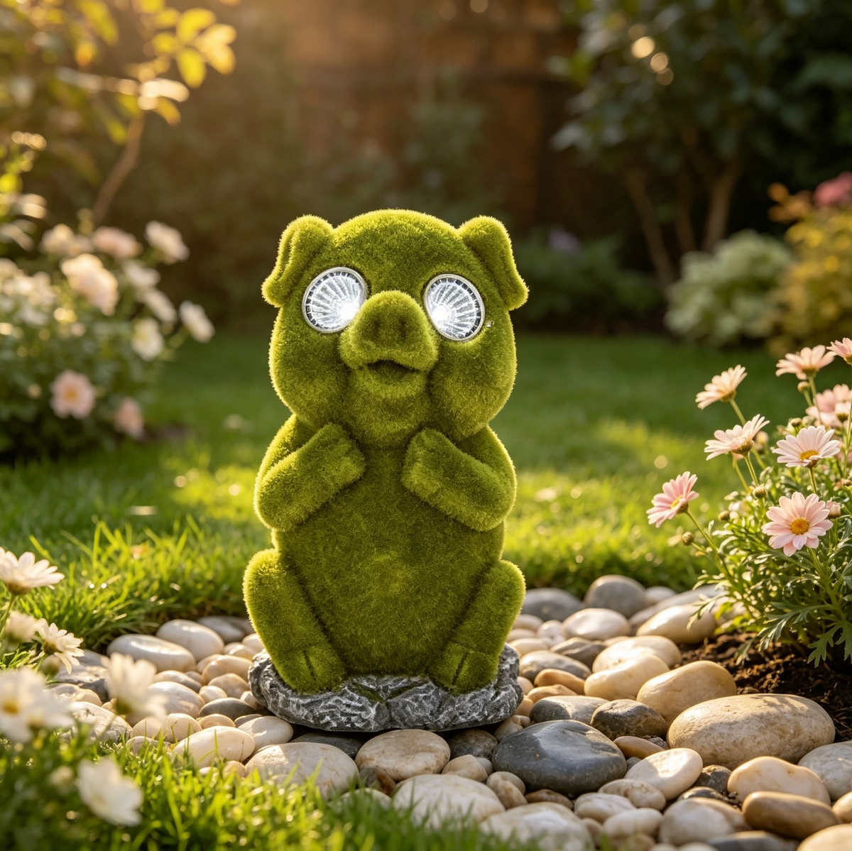 Flocked Gnome with Solar eyes Ornament Indoor Outdoor Patio Gnomes